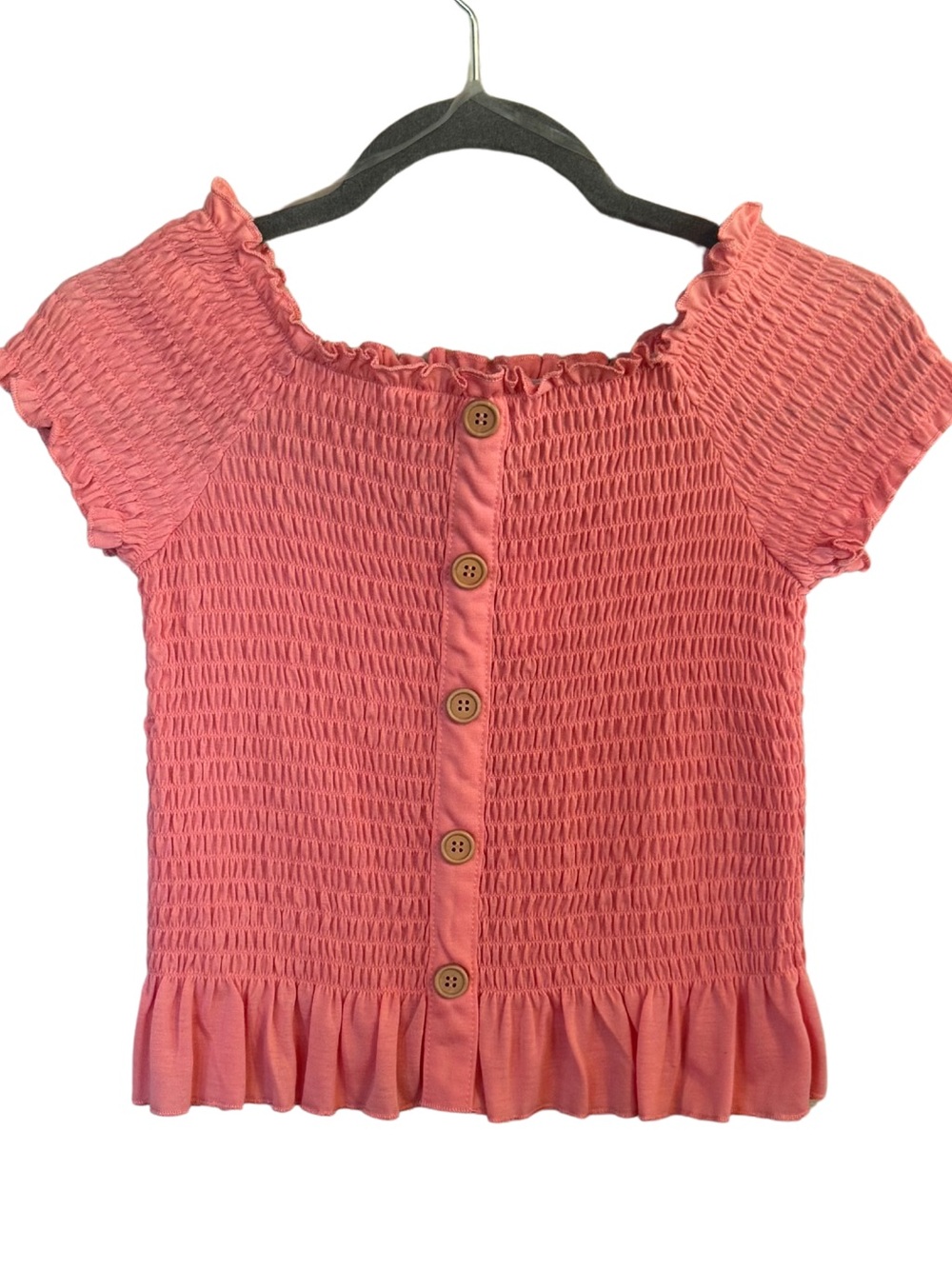 Smocked Button-Front Short Sleeve Top - Coral